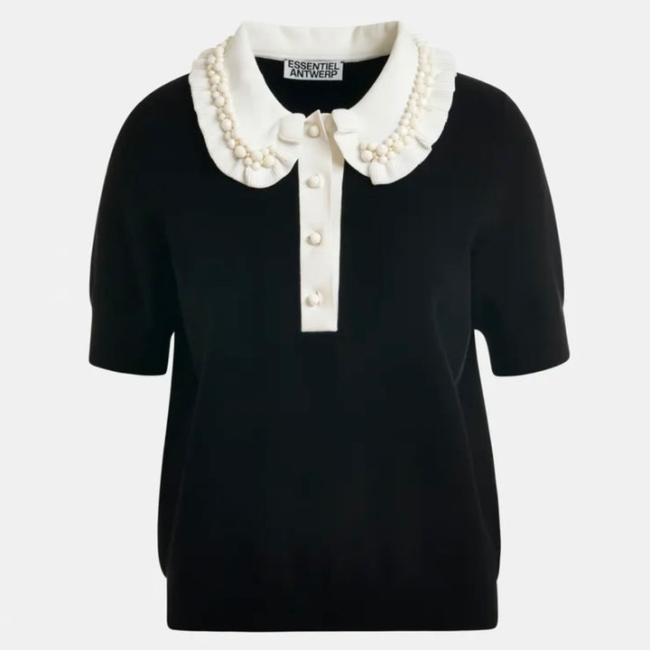 Jewelry Embroidered Knit Polo - Black