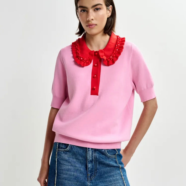 Jewelry Embroidered Knit Polo - Pink