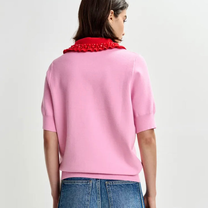 Jewelry Embroidered Knit Polo - Pink