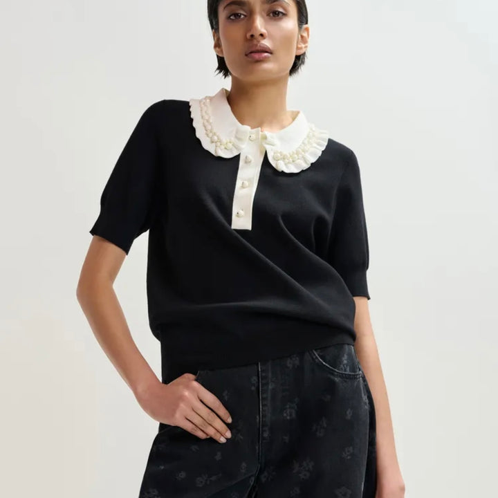 Jewelry Embroidered Knit Polo - Black