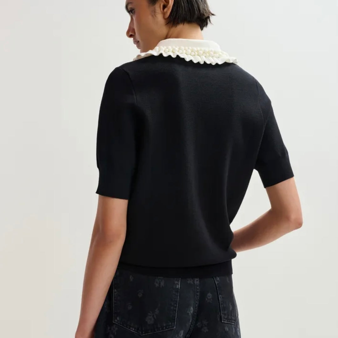 Jewelry Embroidered Knit Polo - Black
