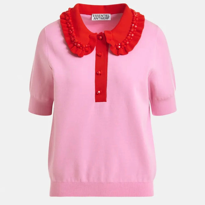 Jewelry Embroidered Knit Polo - Pink