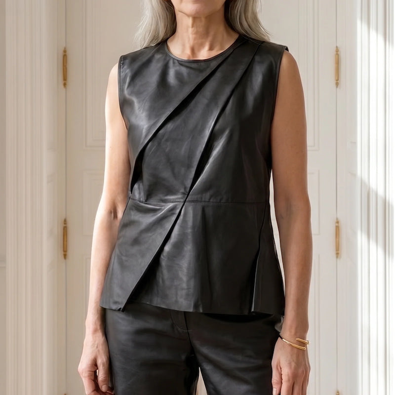 Lily leather drape top - black