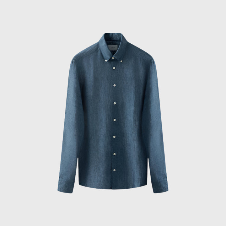 Slim Fit Indigo Plain Weave Linen Shirt - dark blue