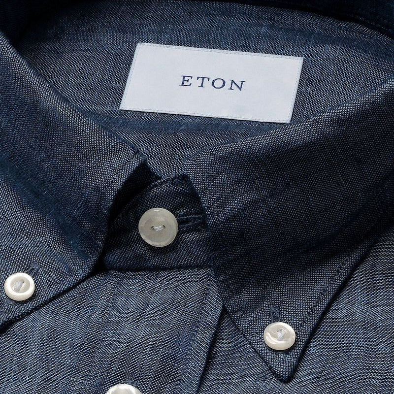 Slim Fit Indigo Plain Weave Linen Shirt - dark blue