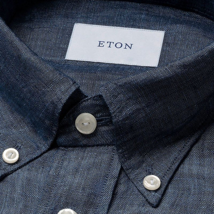 Slim Fit Indigo Plain Weave Linen Shirt - dark blue
