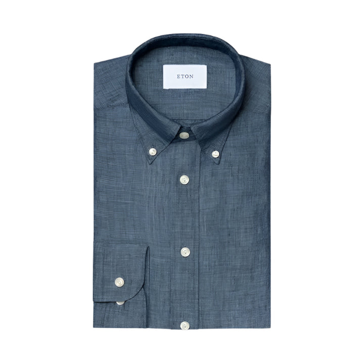 Slim Fit Indigo Plain Weave Linen Shirt - dark blue
