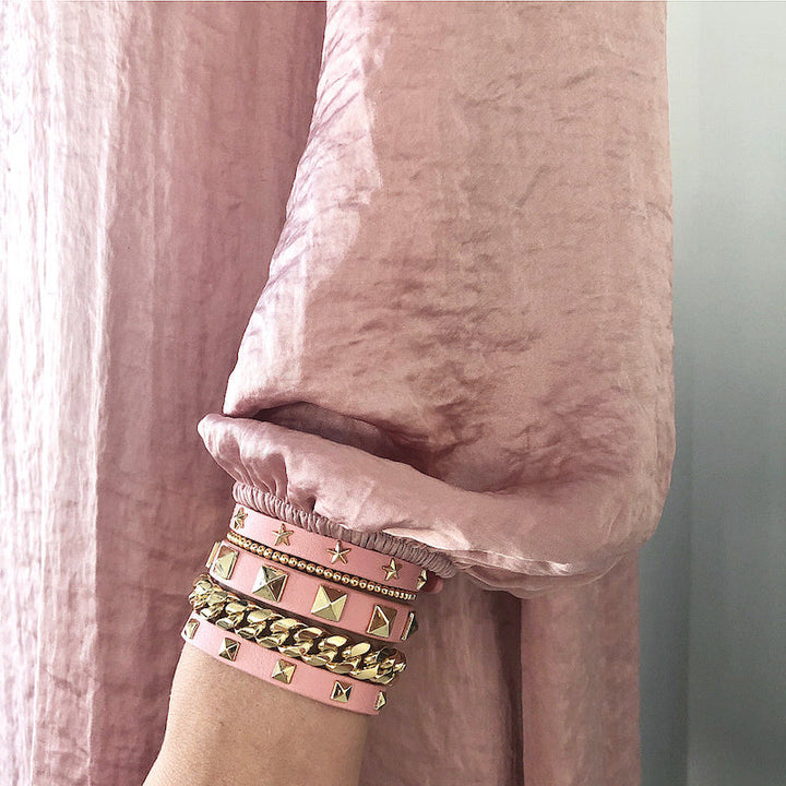 Leather star stud bracelet mini pale pink w/gold