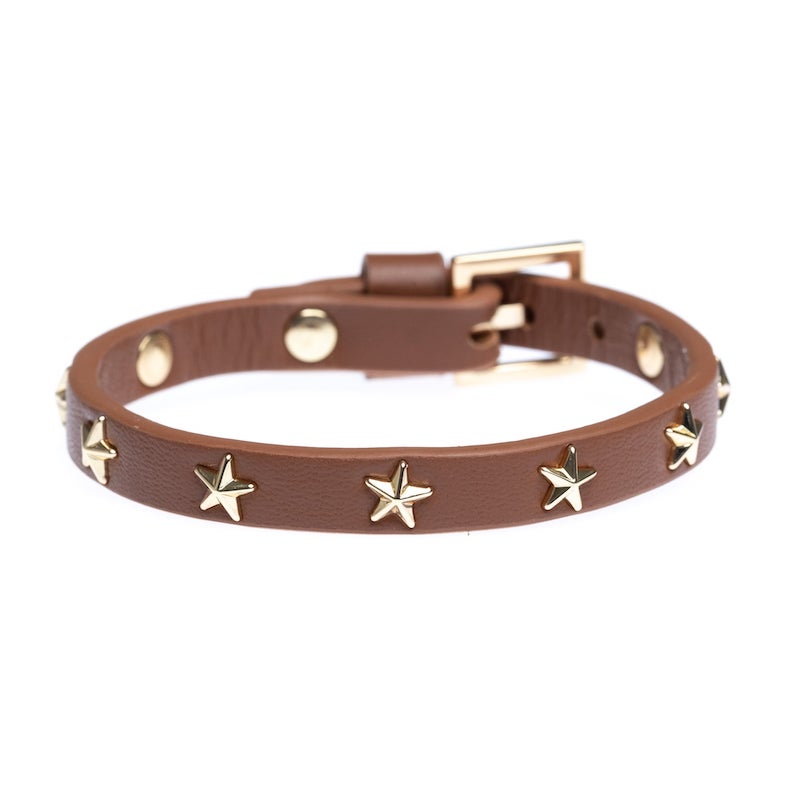 Leather star stud bracelet mini cognac w/gold
