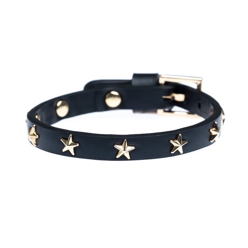 Leather star stud bracelet mini black w/gold