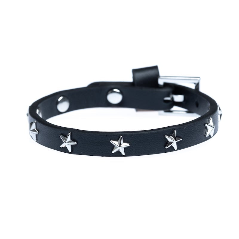 Leather star stud bracelet mini black w/silver
